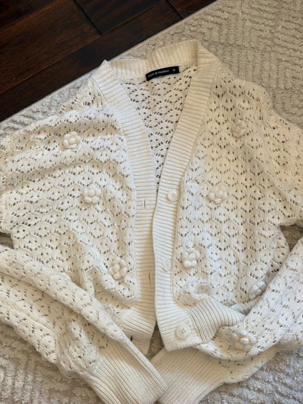 Moon and Madison Open Knit Cardigan 3D Florals Cream Size Small
